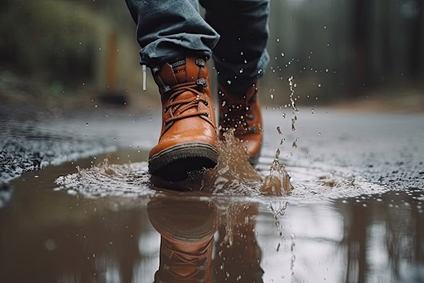 A close-up of a person wearing boots, walking through a puddle.